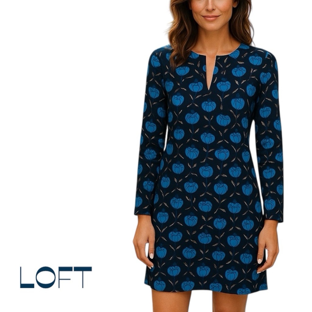 LOFT Blue Floral Print Long Sleeve Dress NWOT Size XS